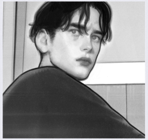 Black-and-white drawing of Ruslan, a young man with tousled dark hair, looking at the viewer over his shoulder