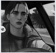 Black-and-white comic panel of Ruslan, looking worried, driving a car